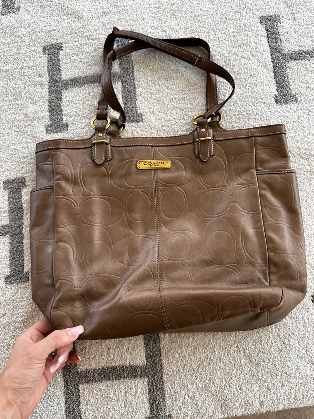 Large bronze coach leather tote